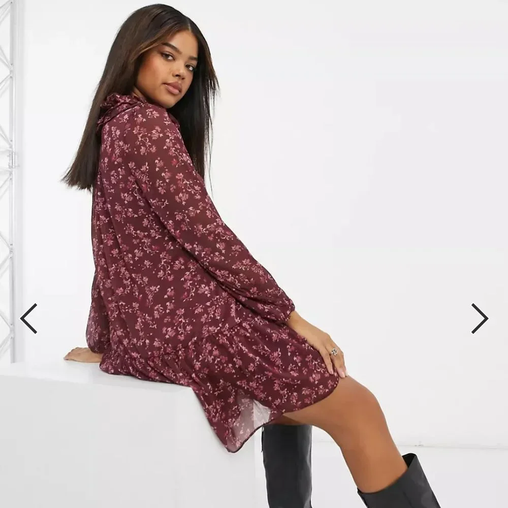 Frill Neck Chiffon Smock Floral Mini Dress - Picture 7 of 8